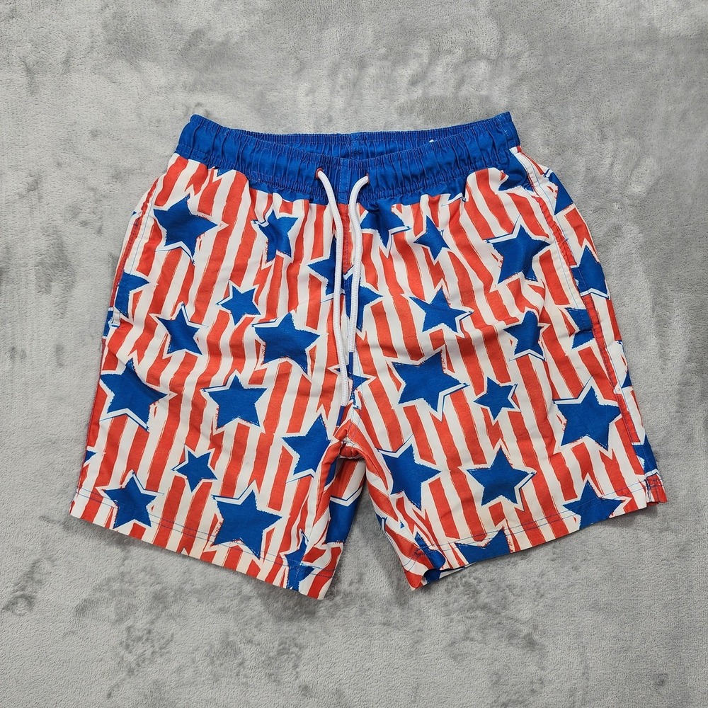 Way To Celebrate! Swim Trunks Mens S Red White Blue Stars Striped USA Patriotic